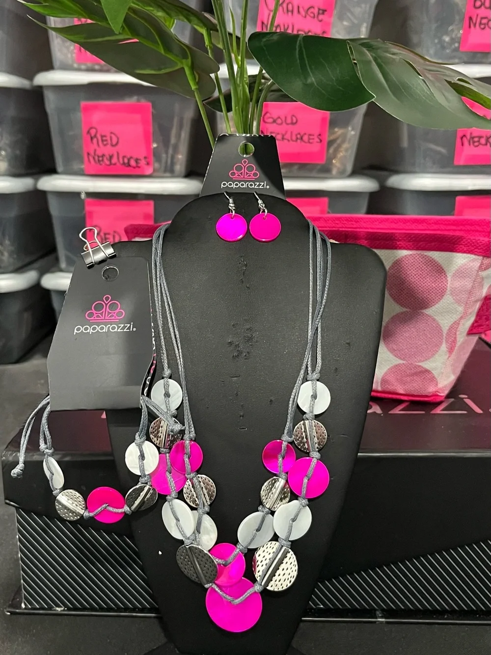 paparazzi Hot Pink and Silver Multi-Disc Layered Necklace Set